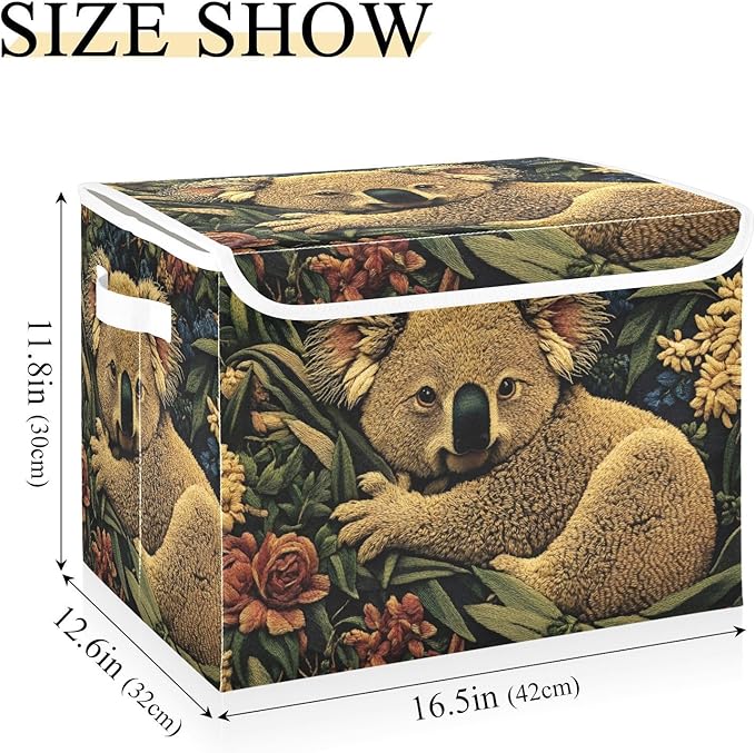 Storage Cube with Lid Art Koala Floral Print 16.5×12.6×11.8 IN Collapsible Large Capacity Foldable Storage Basket Bin Organizer