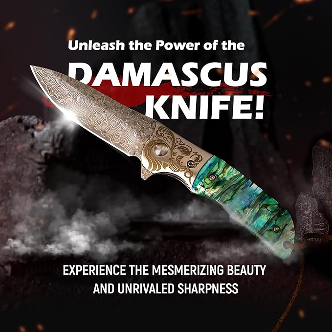 MINI.KATANA Unleash Damascus Pocket Knife - 67-layer VG10 Steel Damascus Folding Knife with Clip Leather Sheath - High Carbon Steel Pocket Knife for Men - Handmade Sharp and Durable