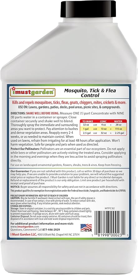 I Must Garden Outdoor Yard Spray Concentrate: Kills &amp Repels Mosquitos Ticks Fleas and Other Biting Insects – Powerful Blend of Natural Essential Oils – Safe for People Pets &amp Plants – 32o