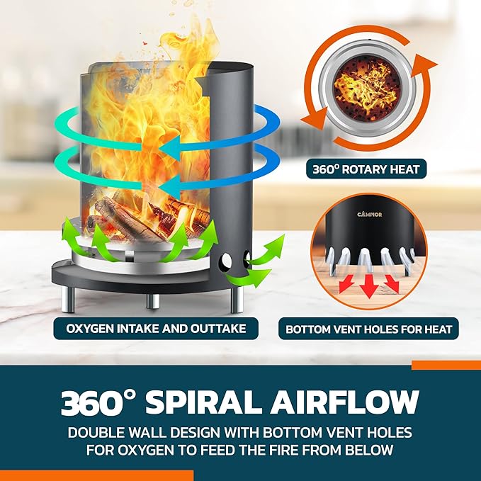 CAMPIOR Wood Burning Fire Pit Stove with Black Exterior - Smokeless Outdoor Stove for Efficient Wood Fires Camping and Gatherings Stainless Steel with Removable Ash Pan Stand and Carry Bag