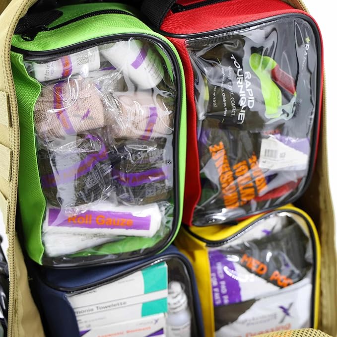 Lightning X Stocked Modular Trauma &amp Bleeding First Aid Responder Medical Backpack + Kit (Tan w/Hydration Bladder)