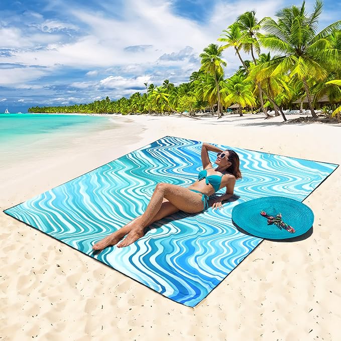 Beach Blanket Waterproof Sandproof Beach Mat 79 X 83/10'x9'for 2-8 Adults Quick Drying Outdoor Picnic Mat Beach Accessories for Travel Camping Hiking