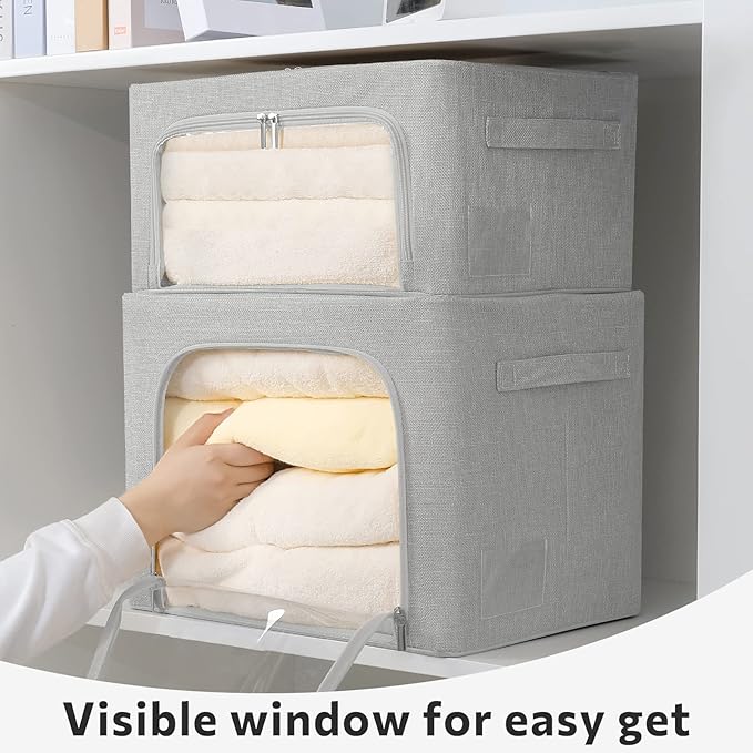 FHSQX 2 Pack Clothes Storage Bins Stackable Metal Frame Storage Box Large Capacity Foldable Linen Fabric Box Organizer with Carrying Handles and Clear Window (Light Gray 19.7x 15.7x 12.6 Inch)