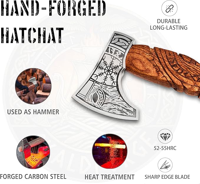 Hand Forged Viking Bearded Axe with Leather Sheath – Carbon Steel Blade Rosewood Handle – 13 Inch Nordic Axe Handmade Collectible for Him