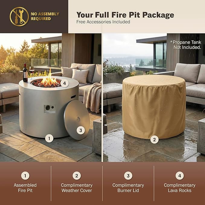 Kinger Home Loren 32-Inch Round Propane Fire Pit Table Alloy Steel Outdoor Fire Pit with 50000 BTUs Includes a Burner lid Lava Rocks and Weatherproof Cover