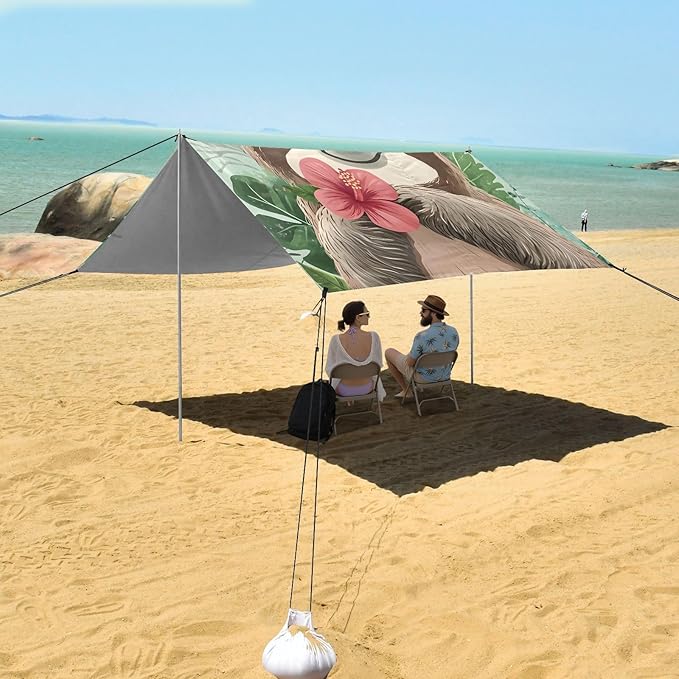 ALAZA Cute Sloth Tropical Plants Beach Tent Sun Shelter Portable Canopy Sunshade for Outdoor Camping Picnics Backyard Fun 10x9 ft