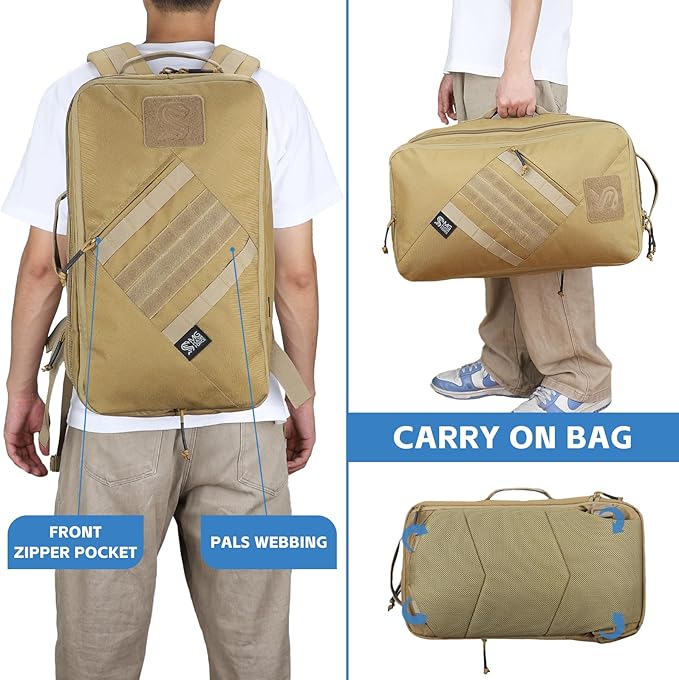 MGFLASHFORCE Tactical Travel Backpack for Men Molle Work Daypack Carry On Bag 15.6 Laptop Compartment Expandable 24L to 35L (Coyote Brown)