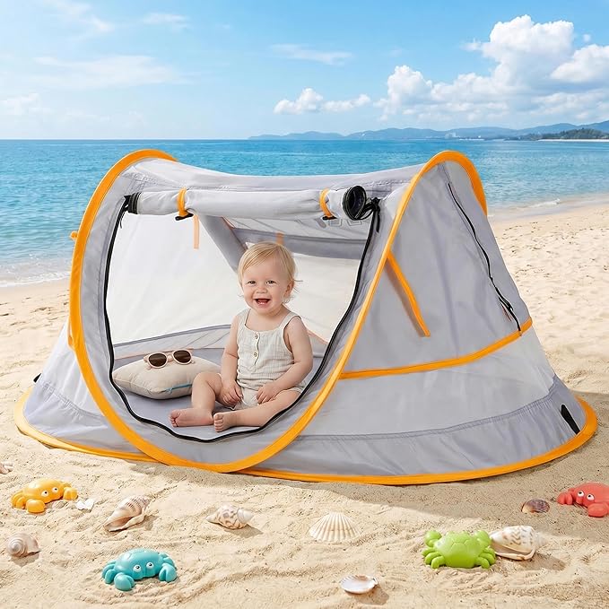 Poray Portable Baby Beach Tent with UPF 50+ Sun ShelterMosquito Net and Sunshade Ideal Pop Up Kids Travel Tent with Carry Bag &amp 2 StakesOutdoor Indoor Play and Sun Protection