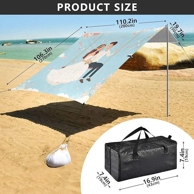 ALAZA Wedding Couple Swing Flower Beach Tent Sun Shelter UPF50+ Protection Beach Shade Canopy w/ 4 Sandbags for Outdoor Camping Fishing Backyard Fun Picnic 10x9 ft
