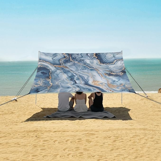 ALAZA Marble Watercolor Blue &amp Gold Beach Tent Sun Shelter UPF50+ Protection Beach Shade Canopy w/ 4 Sandbags for Outdoor Camping Fishing Backyard Fun Picnic 10x9 ft