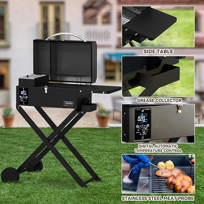 BBQ Wood Pellet Grill Smoker with Foldable Cart Meat Probe 2 Tiers Cooking Area Portable Grilling Stove for Outdoor Kitchen Cooking Smoke and Roast RV Camping Black GS343