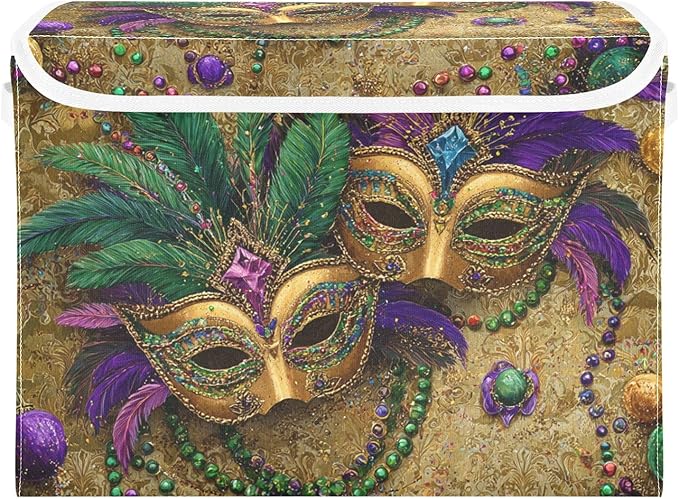 Mardi Gras Masks Yellow Storage Box with Lid 1 PC Foldable Storage Bin with Lids Stackable Storage Bins Cube Closet Organizer Basket with Flip-Top Lid &amp Handles for Shoes Books Towels
