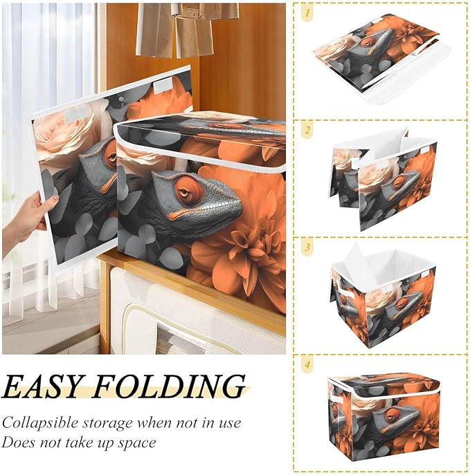 AIXIWAWA Lidded Storage Cube (Chameleon Floral) Fabric Foldable Closet Bins with Flip Lid and Handles Organizer Basket Container 16.5 x 12.6 x 11.8 IN