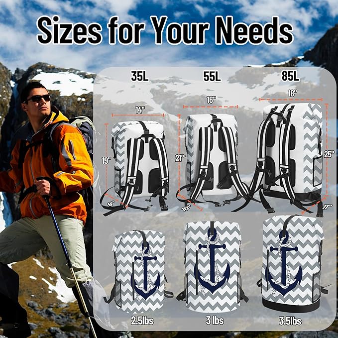 Waterproof Dry Bag Heavy Duty Marine Dry Bags for Kayaking Hiking Anchor Nautical Navy Blue Gray Striped Backpack Roll-Top Closure Bag - Backpack Waterproof Phone Case 35L/55L/85L