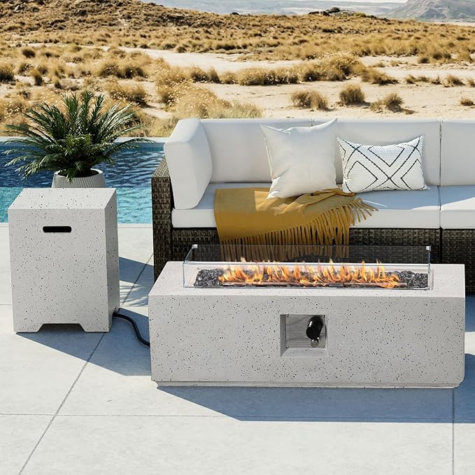 COSIEST 2-Piece Outdoor Propane Fire Pit Table Set w Tank Table 42-inch Terrazzo Rectangle Fire Table (50000 BTU) w 16 inches Tank Cover Side Table 20lb Wind Guard Black Fire Glass Rain Cover