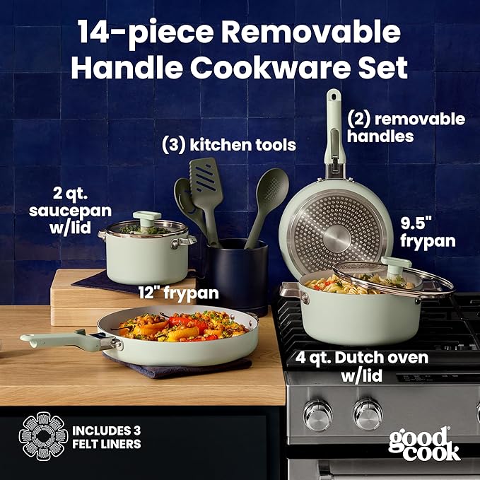 GoodCook Ceramic Cookware Set 14-Piece with Removable Handles Nonstick Pots &amp Pans Induction &amp Oven Safe Sage Green