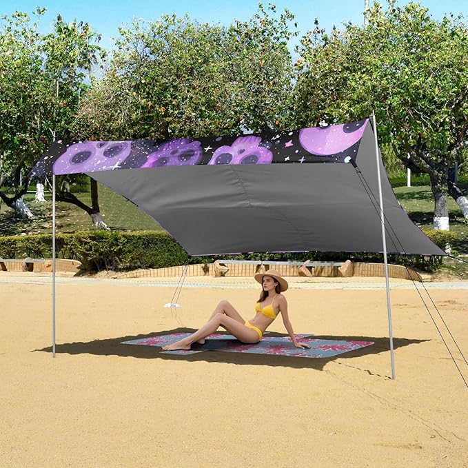 ALAZA Purple Skull Starry Beach Tent Sun Shelter UPF50+ Protection Beach Shade Canopy w/ 4 Sandbags for Outdoor Camping Fishing Backyard Fun Picnic 10x9 ft
