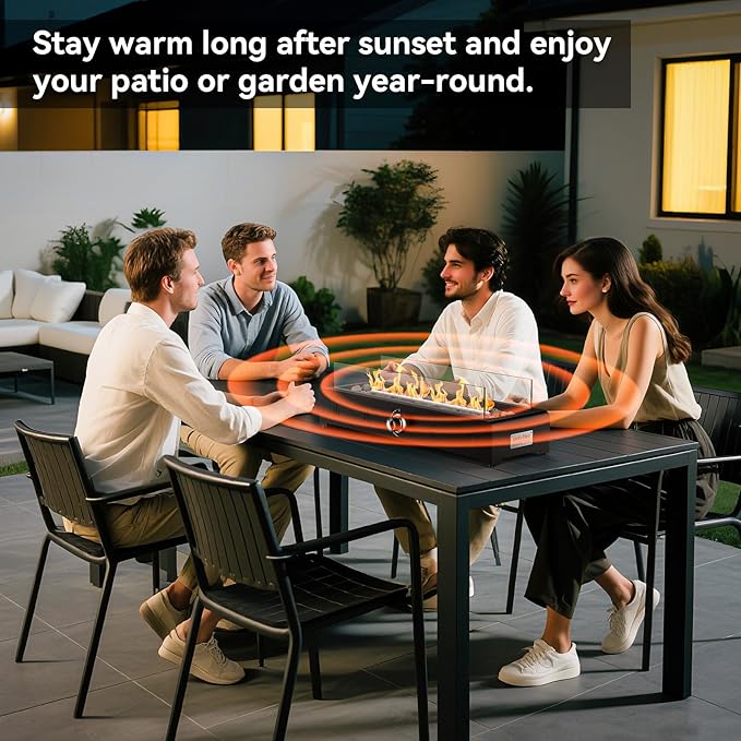 Onlyfire 28'' Tabletop Fire Pit Table Propane Gas Firepit Bottom Mounted for Table with Umbrella Hole Glass Wind Guard and Lava Rock Outdoor Rectangular Smokeless Fireplace