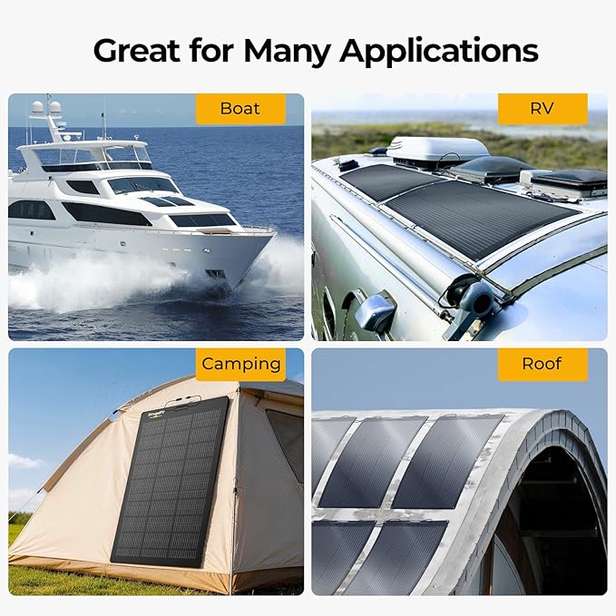BougeRV Upgrade Arch 100W N-Type Fiberglass Flexible Solar Panel 24 Volts 16BB Mono Cell 25% High-Efficiency 270° Lightweight Compact for RV Boat Marine Camping Home Curve Surface Black