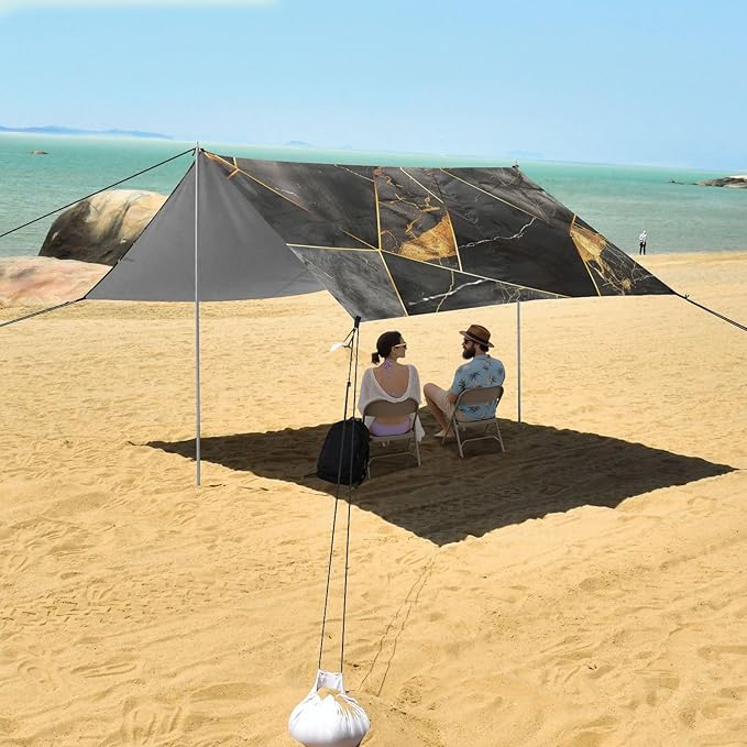 ALAZA Black Marble with Gold Geometric Beach Tent Sun Shelter Portable Canopy Sunshade for Outdoor Camping Picnics Backyard Fun 10x9 ft