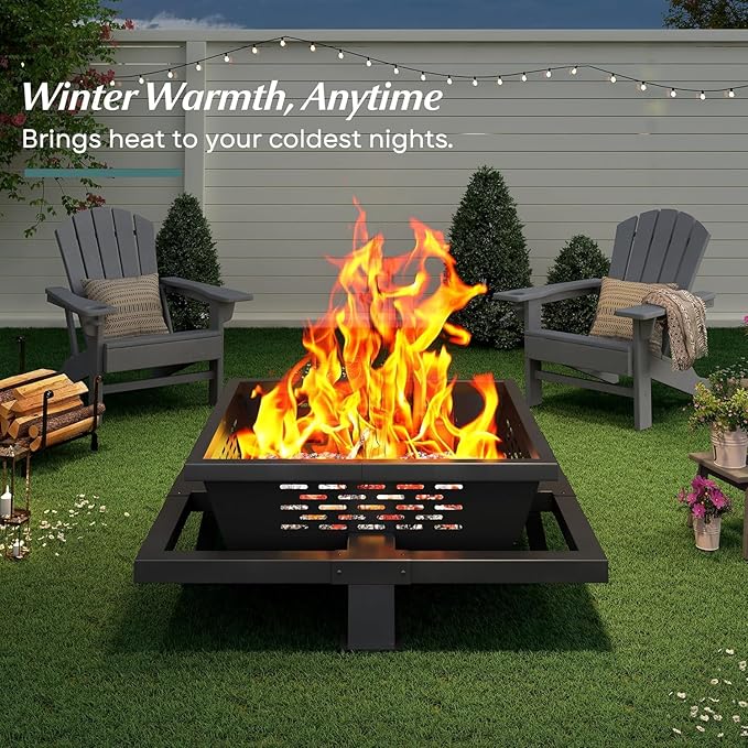 36 inch fire Pit Square Outdoor Fire Pit with Poker Wood Burning Fire Pit for Camping Backyard Patio