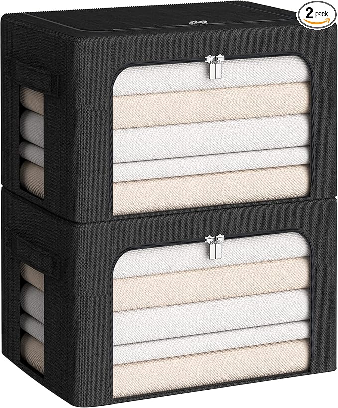 CYhom Clothes Storage Bins Box - Linen Fabric Foldable Stackable Container Organizer Set with Clear Window &amp Carry Handles &amp Metal Frame (Black Medium-36L)
