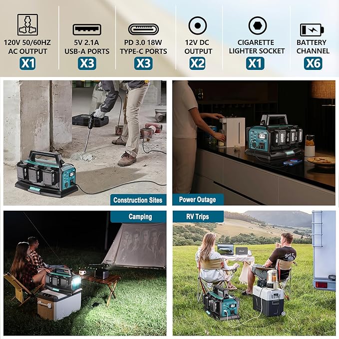 2-in-1 Portable Inverter Charger 1200W Pure Sine Wave Inverter &amp 6A Rapid Charger for Makita 18V Battery 6-Port DC to AC 120V Converter 3 USB-A + 3 USB-C 300lm LED Light for RV Camp Off-Grid