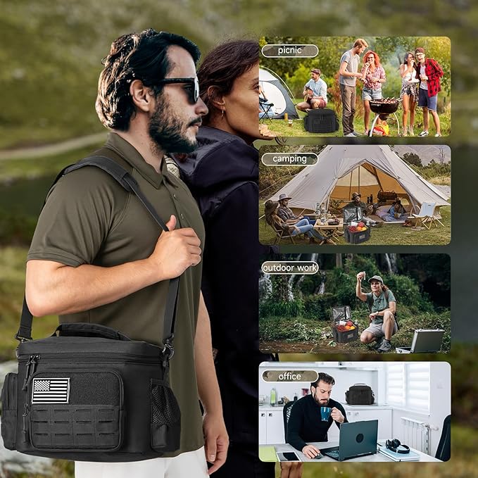QT&ampQY Tactical Lunch Bag for mens Military heavy duty lunch box work Leakproof insulated Durable Thermal Cooler Bag for Adult Meal for Office Camping Picnic Pail MOLLE Webbing Black