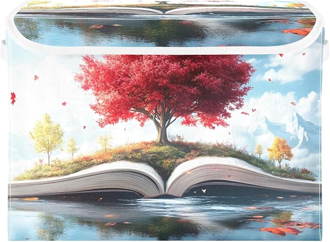 Storage Cube with Lid Tree on Book Print 16.5×12.6×11.8 IN Collapsible Large Capacity Foldable Storage Basket Bin Organizer