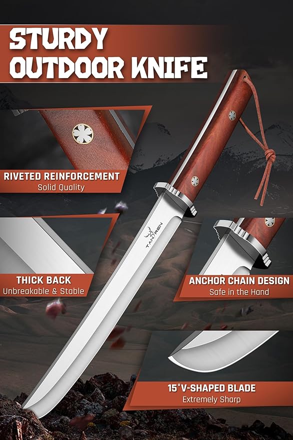 TAN REN Tanto Knife Fixed Blade 8 Inch Survival Knives with Wooden Handle Japanese Fixed Blade Knife with Sheath for Camping Outdoor Christmas Gift Knives for Men