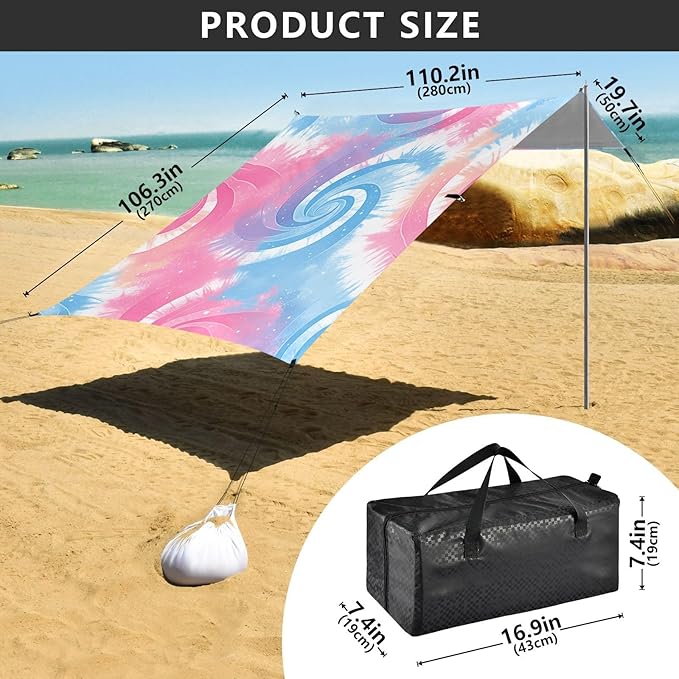Palevioletred Tie-dye Background Vibrant Colors and Swirling Patterns Beach Cabana UPF50+ Water-Resistant Portable Sun Shelter with Sand Shovel for Camping Picnics Backyard