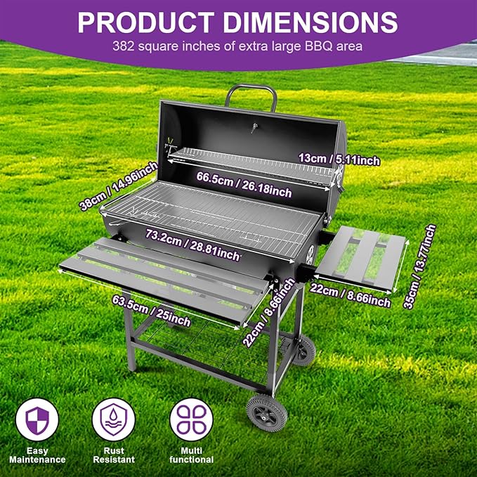 Charcoal BBQ Grill with Thermometer &amp Foldable Side Table 565 sq in Cooking Space Large Charcoal Grills Barrel Charcoal Grills for Backyards Picnic Cookouts