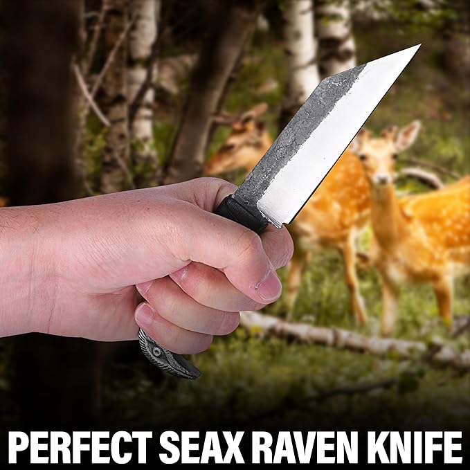 Odin's Raven Viking-styled Seax Knife 8.6 - Hand-Forged 4.4 Carbon Steel Blade Raven's Head Hilt and 2 Genuine Leather Sheaths - Unique Medieval Seax Style - Norse Knife for Hunting &amp Camping