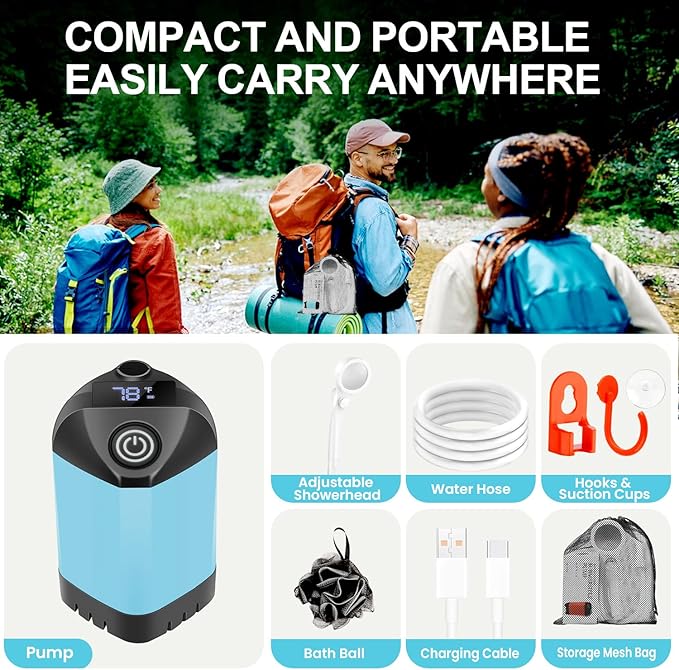 B013 Portable Shower Pump for Camping – 7800mAh Long-Lasting &amp Quiet Outdoor Shower with LED Display IPX8 Waterproof Outdoor Shower for Pet Bath Car Wash &amp RV