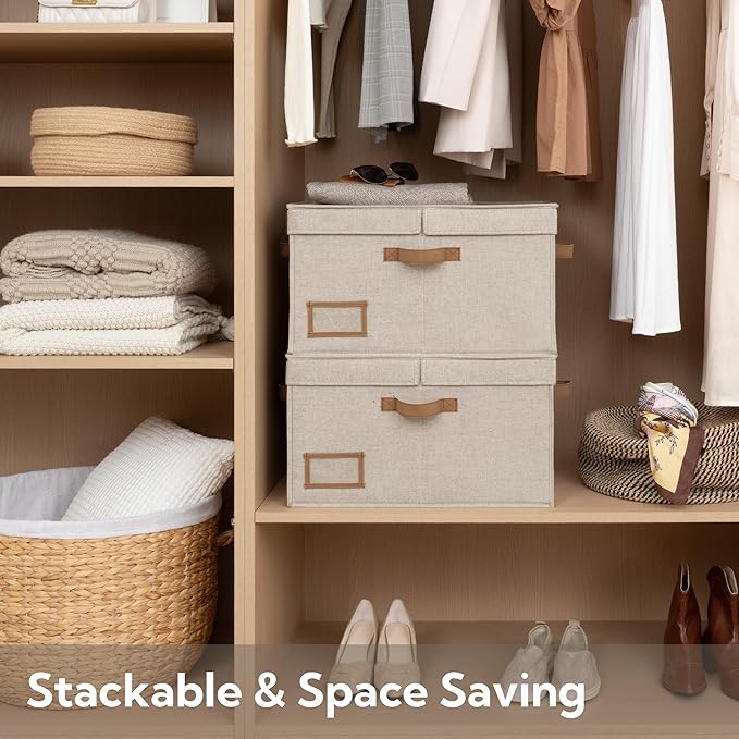 StorageWorks Large Clothes Storage Bins Fabric Boxes with Divider Board Baskets for Clothes Linen Closet Organizers with Lid Mixing of Brown &amp Beige 2-Pack