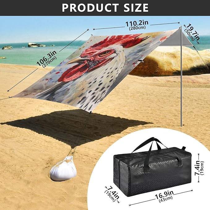 ALAZA Oil Painting Rooster Painting Beach Tent Sun Shelter Portable Canopy Sunshade for Outdoor Camping Picnics Backyard Fun 10x9 ft