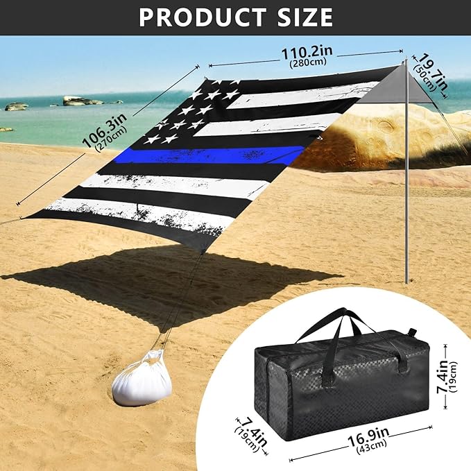 Vintage American Police Support Flag Foldable Beach Canopy UPF50+ Water-Resistant Sun Shelter Includes Sand Shovel Sandbags Stability Poles for Family Trips Picnics &amp Camping