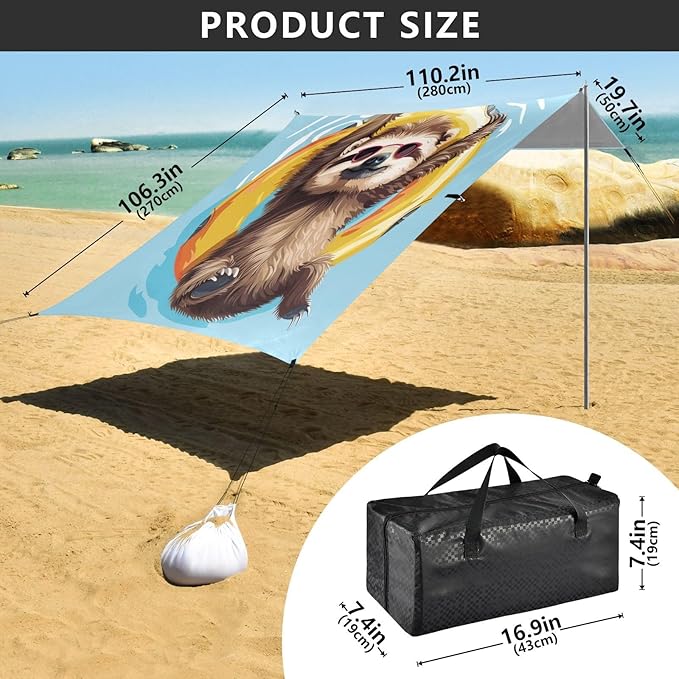 ALAZA Sloth Swimming Ring Beach Tent Sun Shelter UPF50+ Protection Beach Shade Canopy w/ 4 Sandbags for Outdoor Camping Fishing Backyard Fun Picnic 10x9 ft