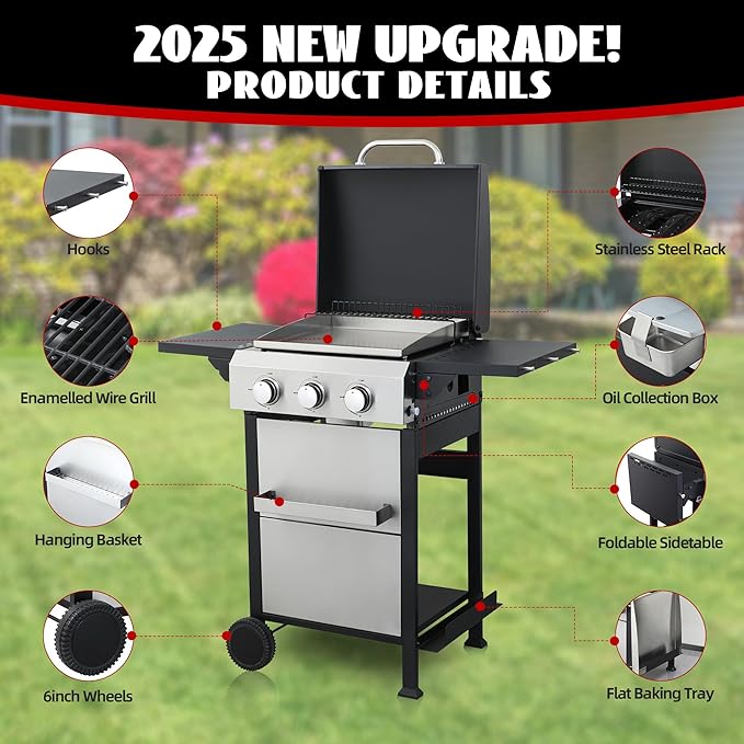 3-Burner Flat Top Propane Gas Grill Stainless Steel Griddle Combo with Foldable Side Table 36900 BTU Outdoor BBQ Grill Porcelain-Enameled Cast Iron Grids for Backyard Patio Cooking