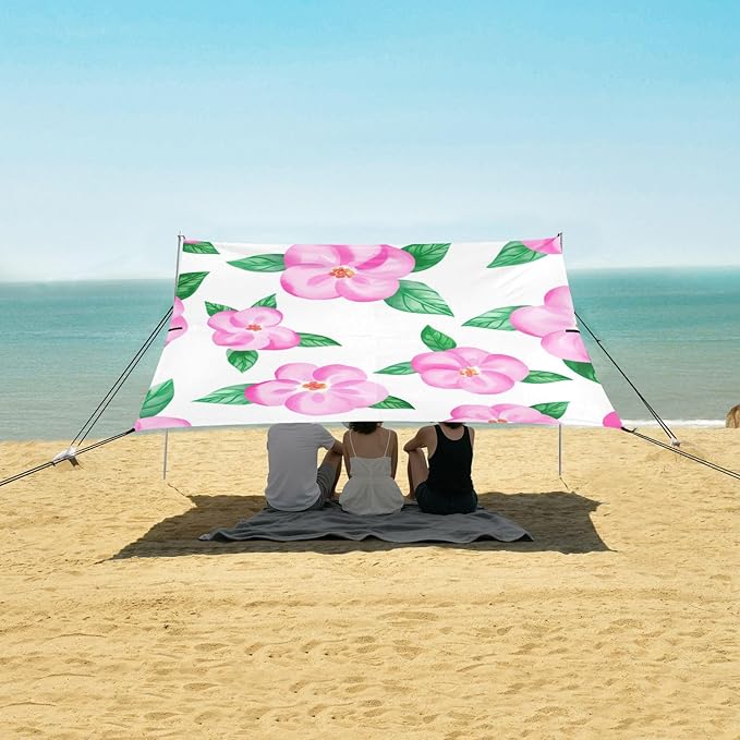 Beach Canopy with Windproof Ropes &amp Sandbags Beach Tent Sun Shade Sun Shelter for Camping Trips Fishing Backyard Fun or Picnics Flowers
