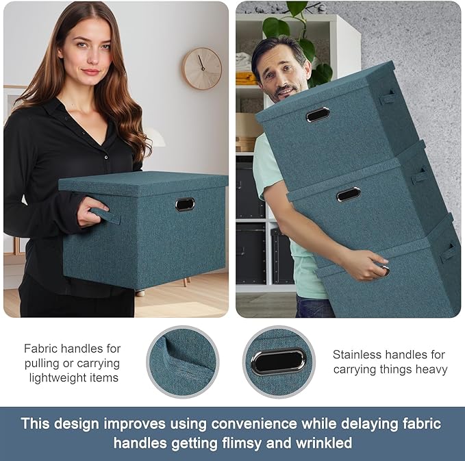 Graciadeco Large 17 36 Quart Collapsible Stackable Storage Bins with Lids 3 Packs Blue-Green Linen Fabric Closet Boxes with Lids Storage Cube Baskets Container Organizers for Bedroom (17x12x11)