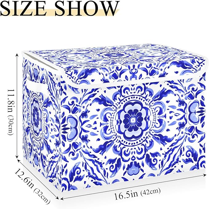 Blue Ornamental Pattern Lidded Storage Bins with Handles - 16.5x12.6x11.8 Foldable Organizing Box Oxford Fabric &amp Honeycomb Board Dust-Proof Flip Lid for Closet/Office