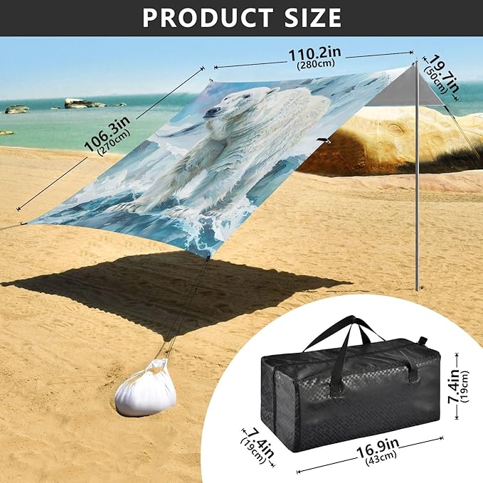 ALAZA White Polar Bear Animal Beach Tent Sun Shelter Portable Canopy Sunshade for Outdoor Camping Picnics Backyard Fun 10x9 ft