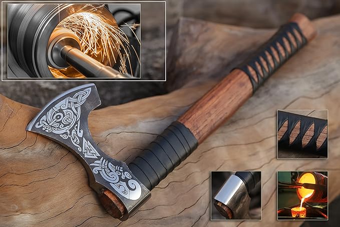 Viking Axe – 19 Inch Rosewood Handle Camping with Leather Sheath Throwing Axes and Tomahawks Wood Splitting Axe Bushcraft - Gift for Father’s Day Husband (Erik) BLACK