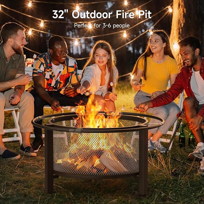 ONBRILL 2-in-1 32 Inch Fire Pit with Cooking Grill Outdoor Wood Burning Firepit with Poker for BBQ Bonfire Picnic Party Round Metal Fire Pit for Outside Backyard Patio
