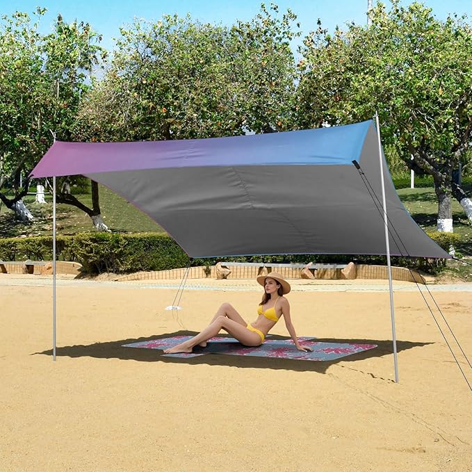 Blue Gradient Foldable Beach Cabana UPF50+ Lightweight Large Sun Shelter Includes Sand Shovel Sandbags Stability Poles for Backyard and Camping