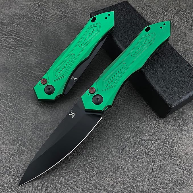 EDC Folding Pocket Knife For Men Button Lock Knife 3.35in 9Cr18MoV Steel Blade Green Aluminum Handle with Pocket Clip Sharp Camping Hiking Knives (green)
