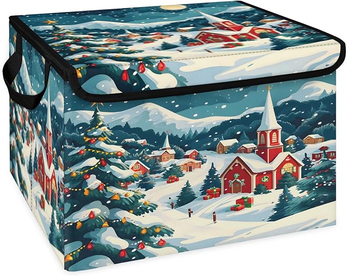 Christmas Xmas Storage Basket with Lid Winter Village Foldable Storage Box Fabric Storage Bins with Carrying Handles for Home Bedroom Closet Organization