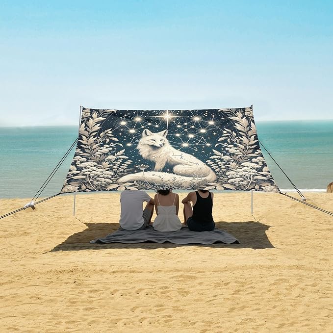 Golden Dreamy Galaxy Fox Beach Tent Sun Shelter Set UPF50+ UV Protection 10.5 x 9.19 FT Camping Shade Canopy with Sandbags Sand Anchors Carrying Bag and Others