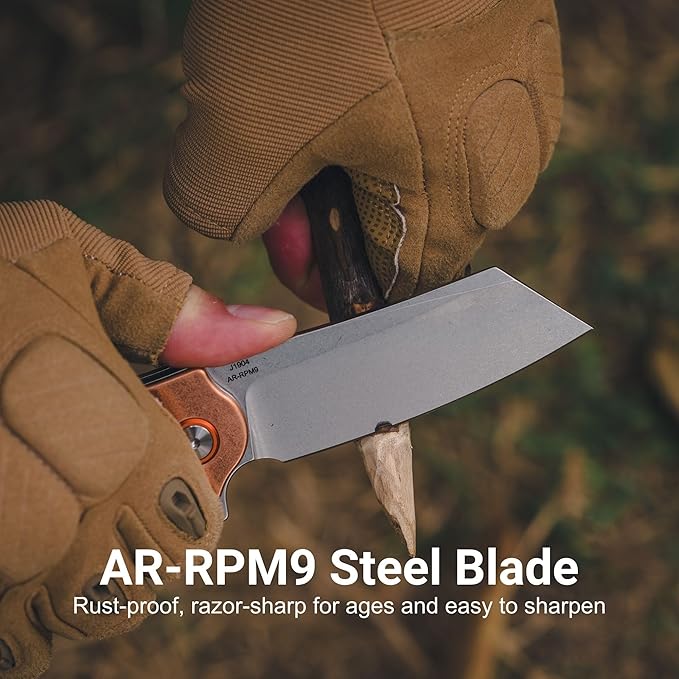 CJRB Crag Folding Pocket Knife 3.43 D2 Steel Blade Copper Handle EDC Knife with Pocket Clip for Men Women Camping Survival Hiking Stone Wash (J1904)